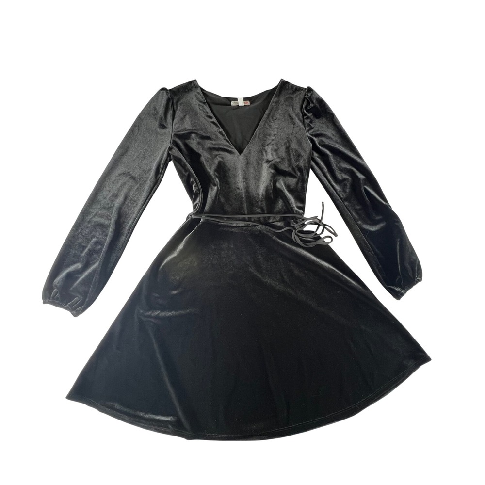Black Velvet Dress Long Sleeve V Neck A‎ Line Mini Elegant Womens